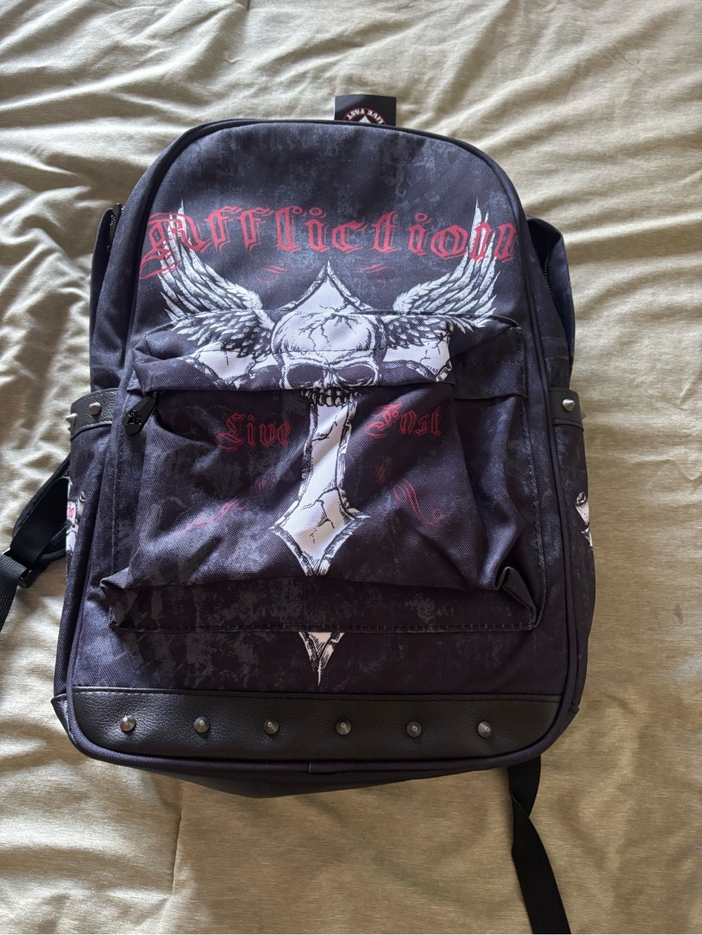 Affliction Black Backpack with White Skull Cross and Red Accents